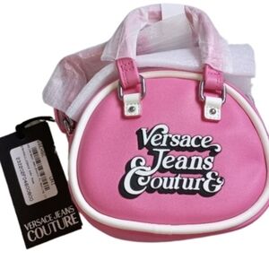 Versace Authentic Grained Faux Leather Top Handle Bag, Pink With Dust Bag
